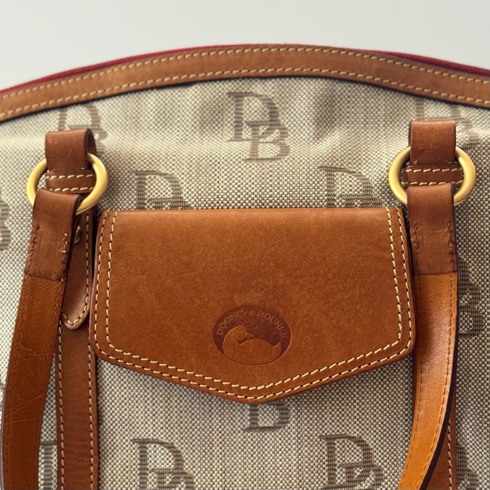 Dooney & Bourke DB Signature Canvas Satchel Brown Leather Tassel Red Lining - Picture 2 of 7